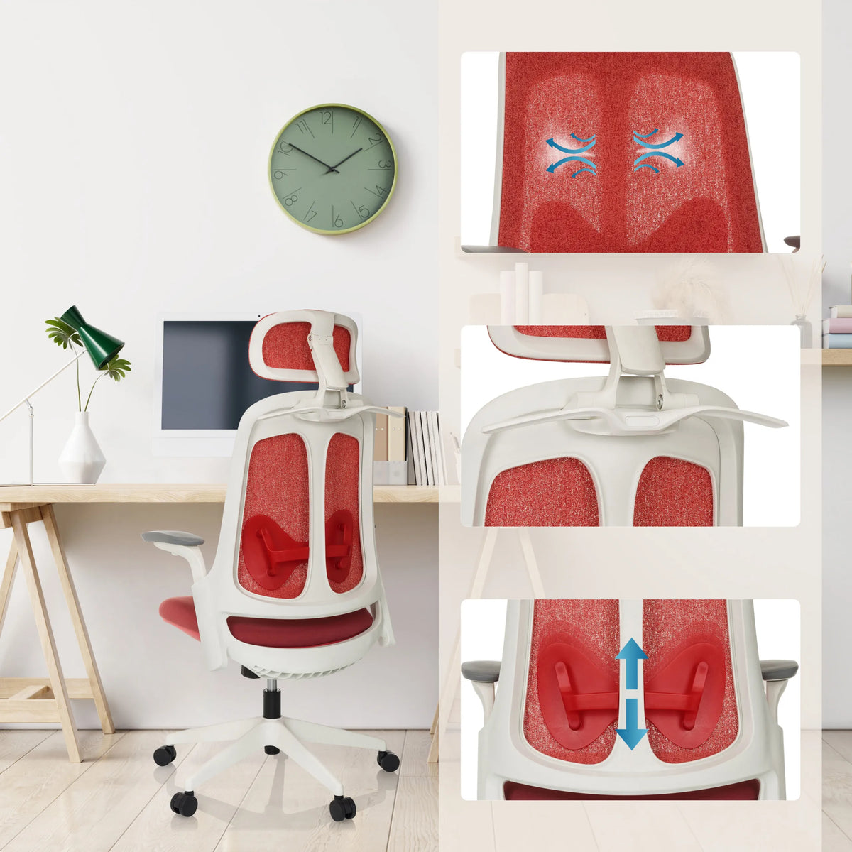 Tapicería de tela roja y soporte lumbar ajustable en altura de la Silla de oficina profesional ARCEO WF de hjh OFFICE