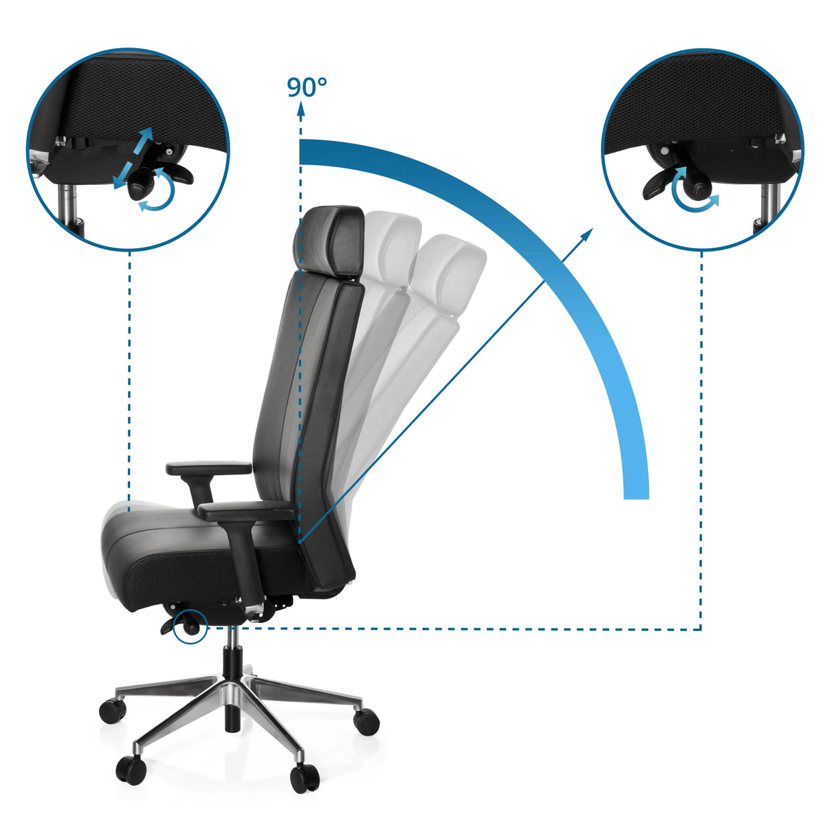 Respaldo ajustable hasta 90° de la Silla de oficina profesional PRO-TEC XXL en negro de hjh OFFICE