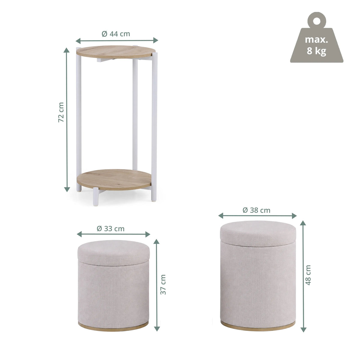 Dibujo dimensional de la mesa auxiliar Nestup 1 con una altura de 72 cm y un diámetro de 44 cm de hjh LIVING