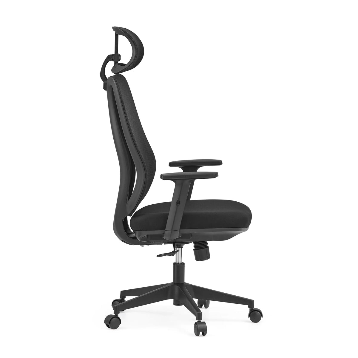 Silla de oficina profesional Filaro en color negro con respaldo de malla, reposacabezas y base de cinco ruedas de hjh OFFICE – vista de 360° (vista lateral 90°)