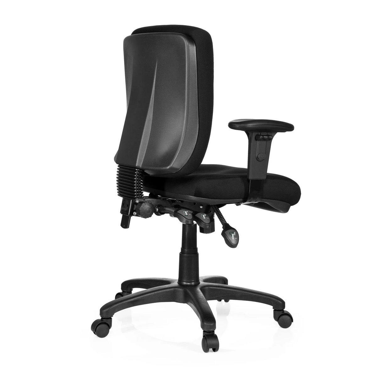 Silla de oficina profesional ZENIT BASE negra con reposabrazos y base de cinco ruedas de hjh OFFICE – vista de 360° (vista trasera en diagonal 120°)