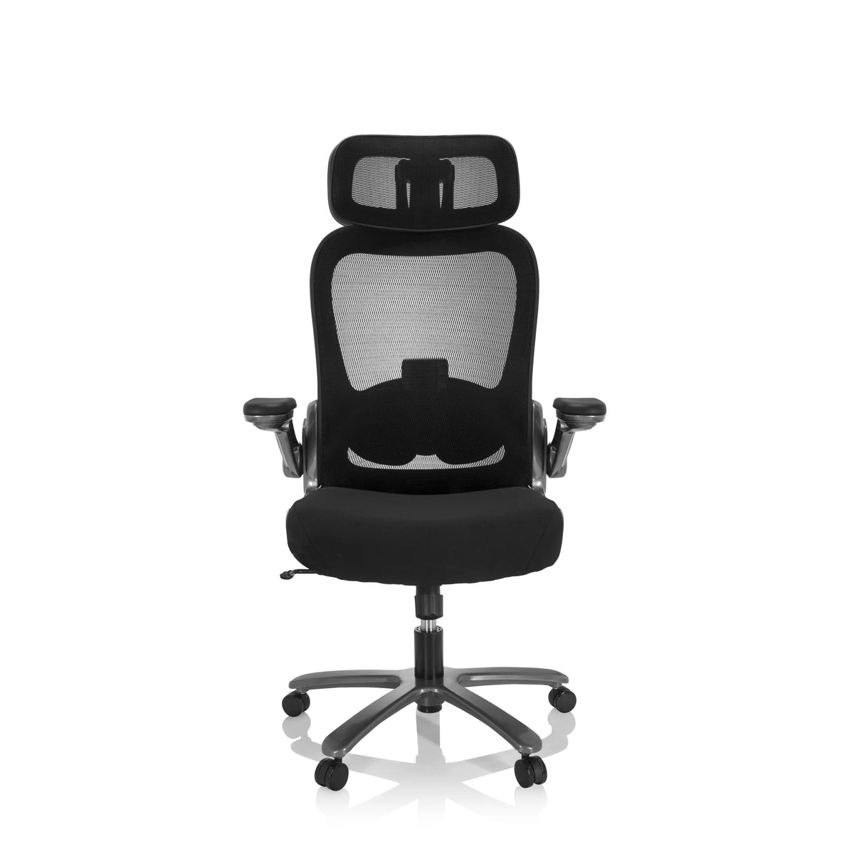 Silla giratoria XXL INSTRUCTOR T I PRO negra con respaldo de malla y base de cinco ruedas de hjh OFFICE – vista de 360° (vista frontal 0°)
