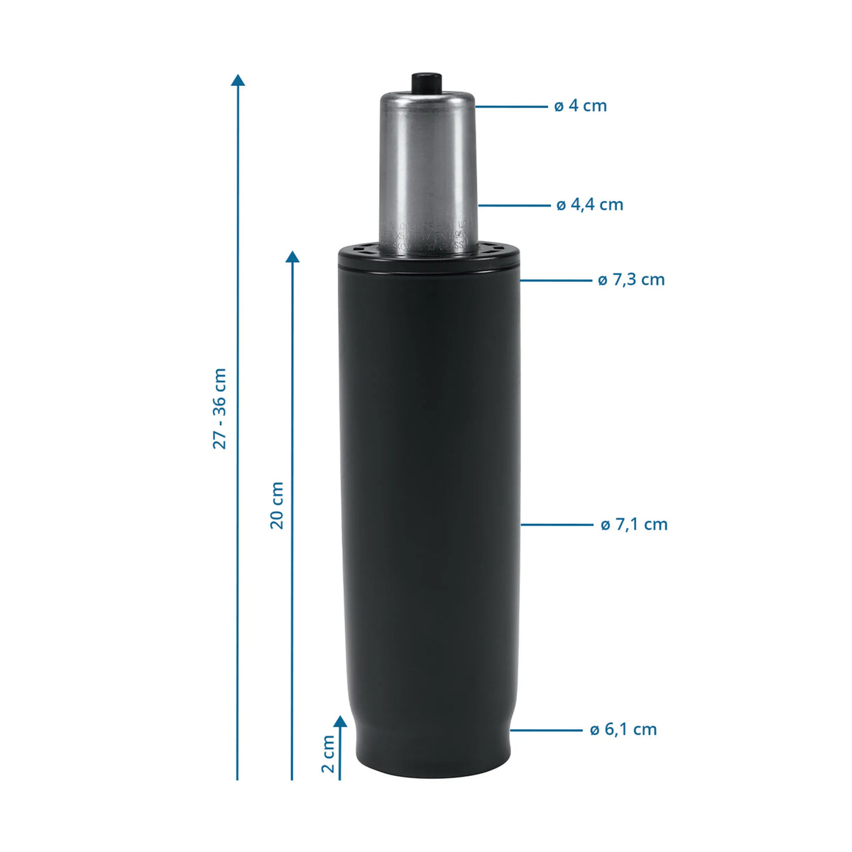Dibujo dimensional del muelle de gas GF-XXL con una altura de 27 a 36 cm de hjh OFFICE