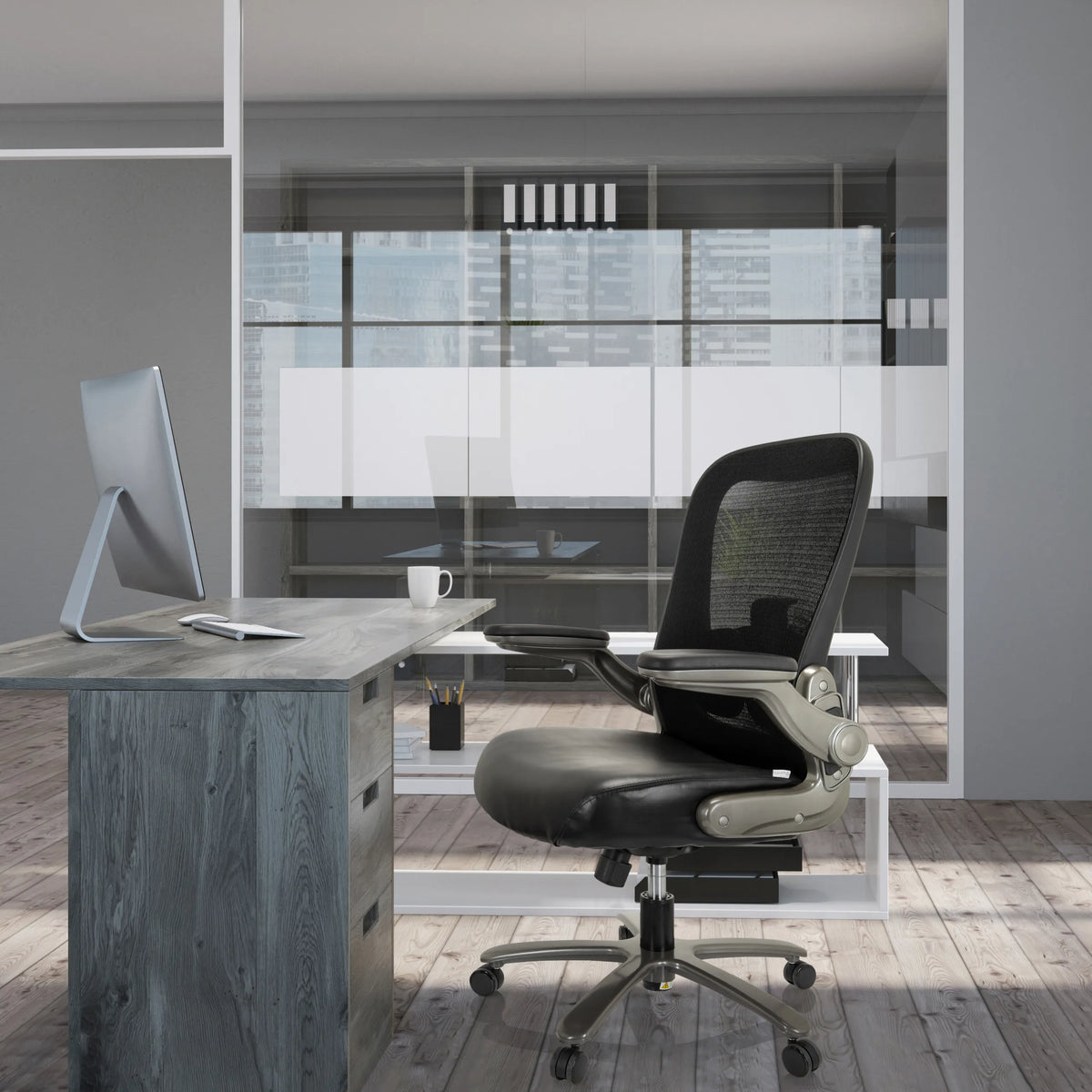 Silla giratoria XXL INSTRUCTOR T I en negro con respaldo de malla y asiento de cuero sintético de hjh OFFICE