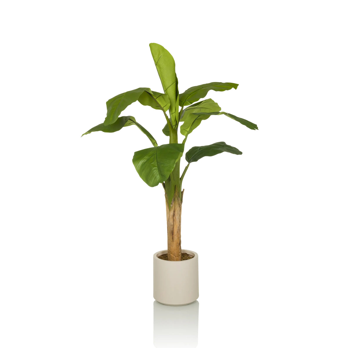 Planta artificial verde BANANE I con hojas grandes en una maceta beige de hjh OFFICE – vista de 360° (vista frontal 0°)