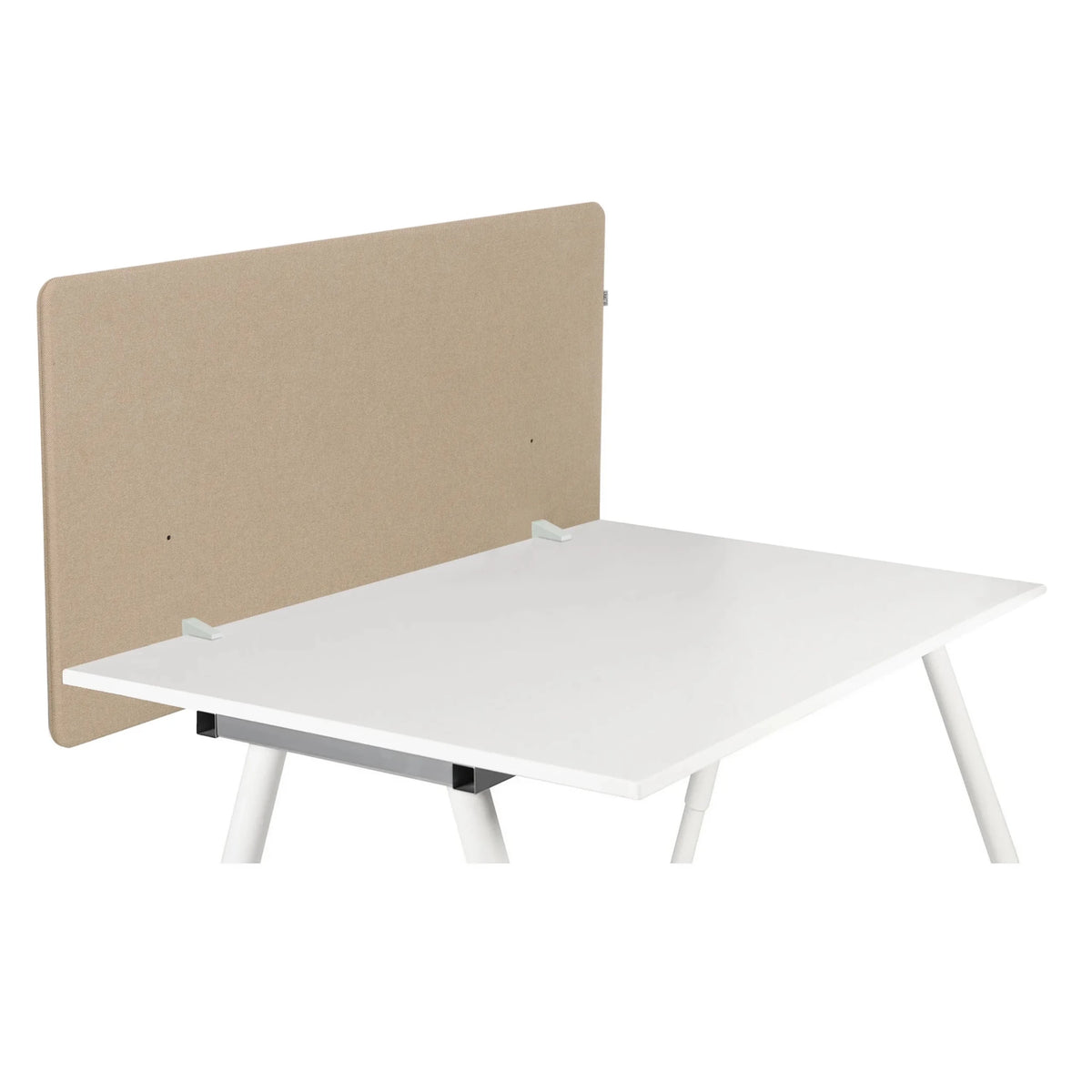 Separador de mesa beige FLEXMIUT D1 sobre un escritorio blanco con dos abrazaderas de hjh OFFICE