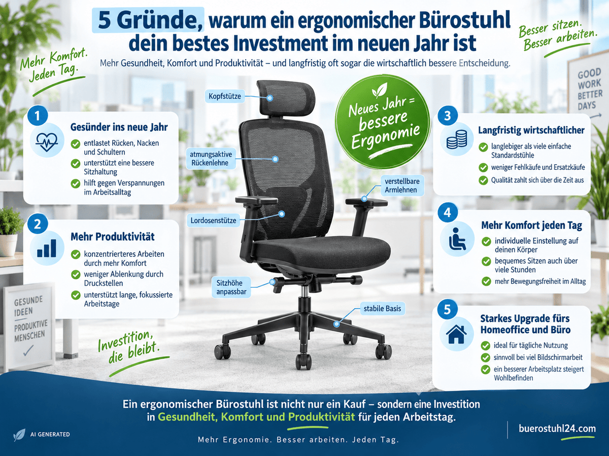 5 Gründe, warum ein ergonomischer Bürostuhl dein bestes Investment im neuen Jahr ist. - buerostuhl24