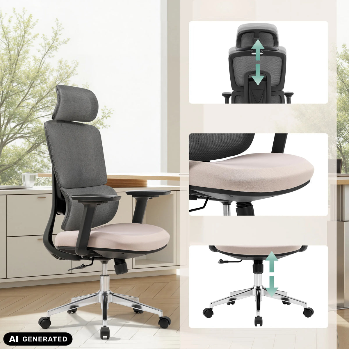 Silla de oficina profesional Ergomy Pro en gris oscuro y beige con opciones de ajuste de hjh OFFICE (imagen generada por IA)