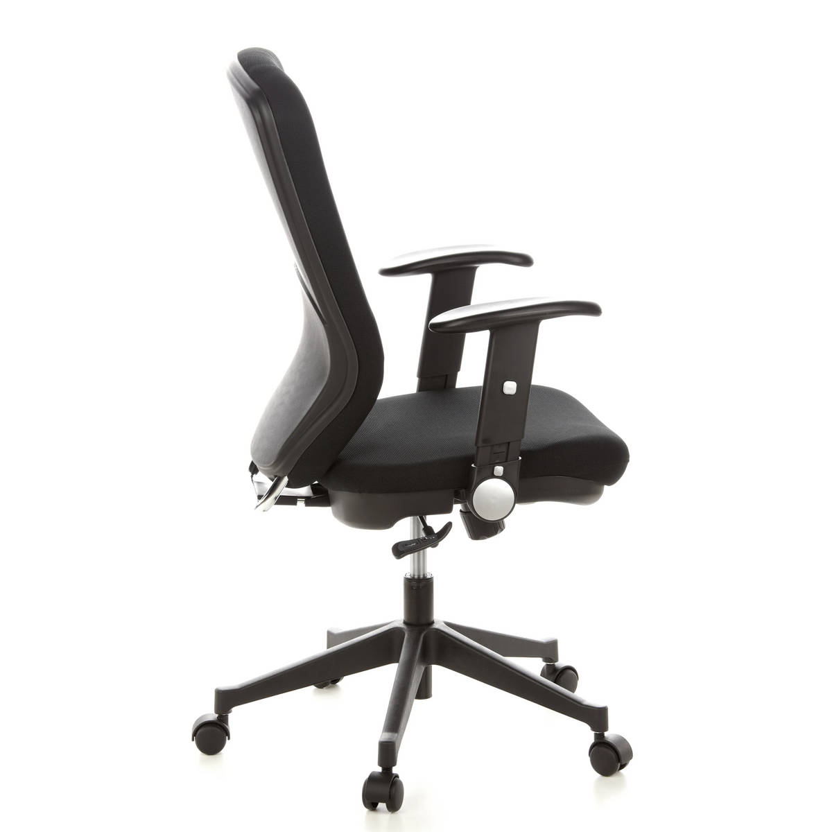 Silla de oficina profesional TRAFFIC 30 negra con reposabrazos y base de cinco ruedas de hjh OFFICE – vista de 360° (vista lateral 100°)