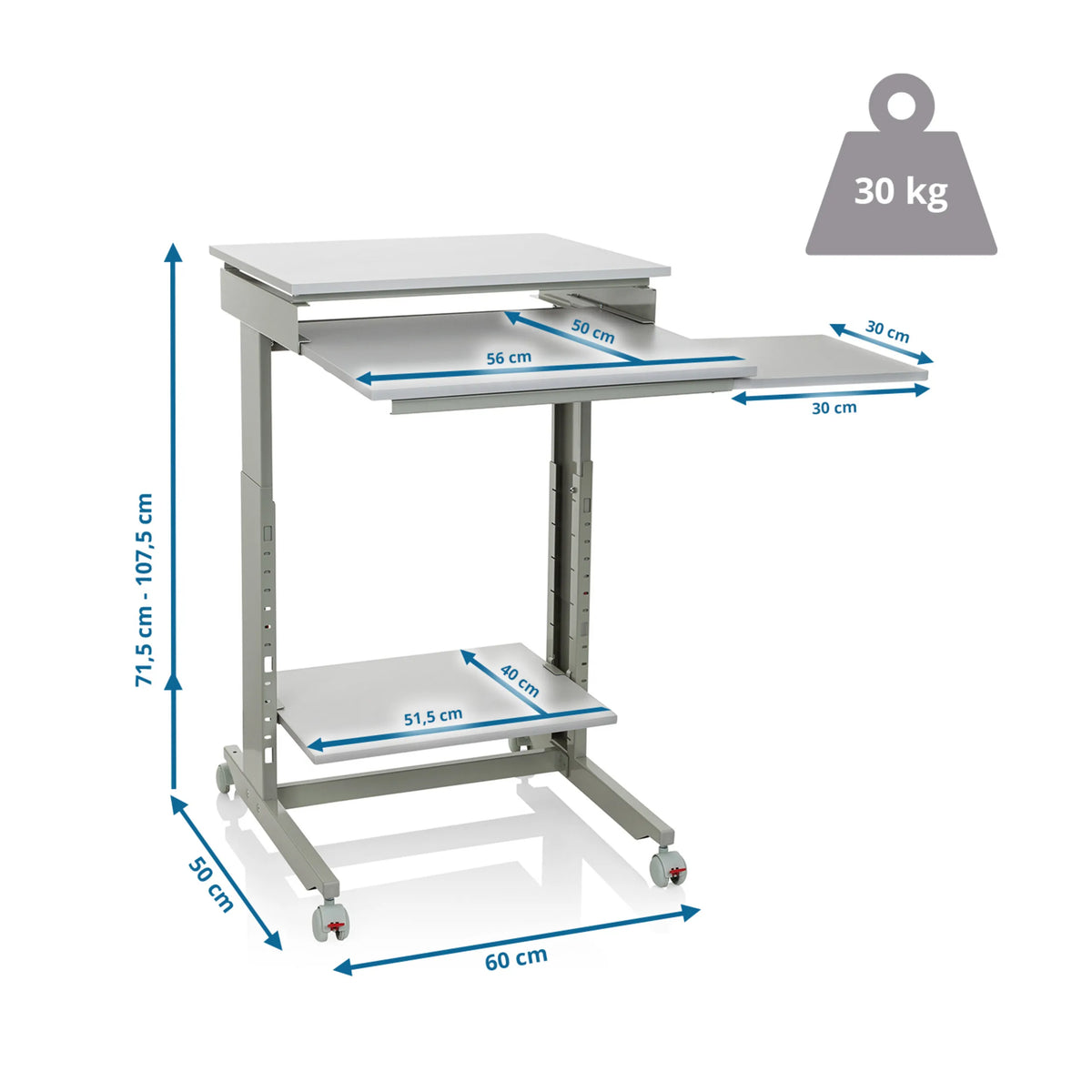 Dibujo dimensional del escritorio de pie WORKSTATION con una altura de 71,5 a 107,5 cm de hjh OFFICE