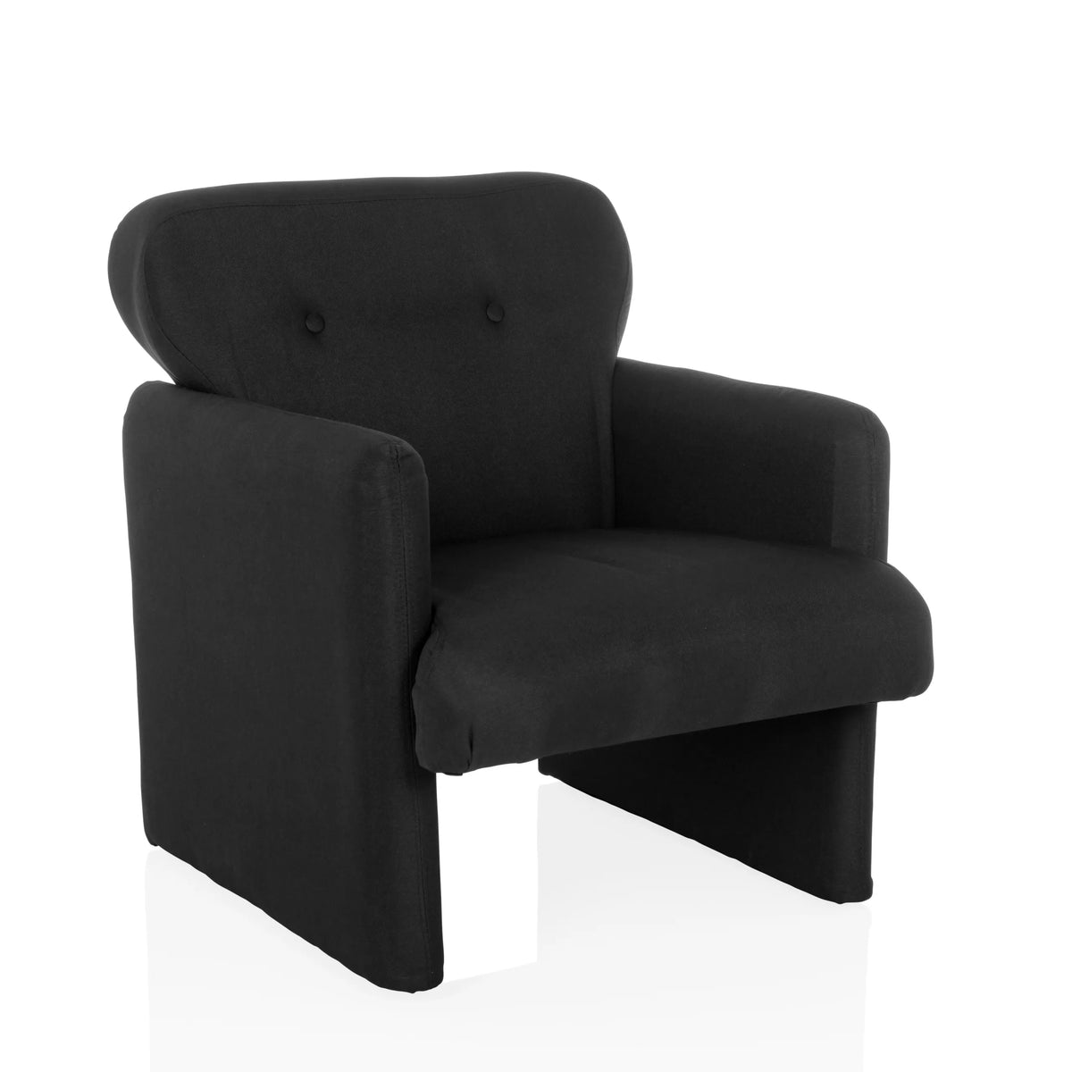 Schwarzer Loungesessel CARIPITO mit Stoffbezug und zwei Knöpfen an der Rückenlehne von hjh LIVING – 360-Grad-Ansicht (schräge Frontansicht 30°)