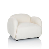 Sillón de diseño VERDUNA blanco con tapizado de tela estructurada y patas negras cortas de hjh LIVING – vista de 360° (vista frontal 15°)