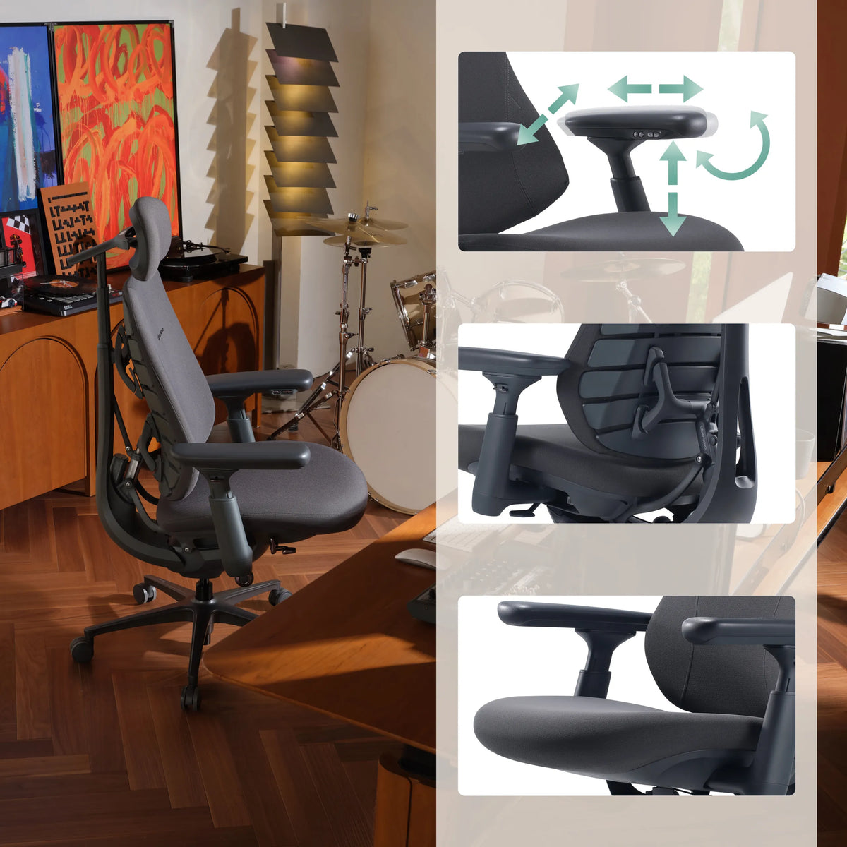 Diferentes vistas de los reposabrazos ajustables 4D de la silla de oficina LiberNovo Maxis Manual en grafito de Libernovo