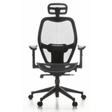Silla de oficina profesional AIR-PORT negra con respaldo de malla, reposacabezas y base de cinco ruedas de hjh OFFICE – vista de 360° (vista frontal 0°)