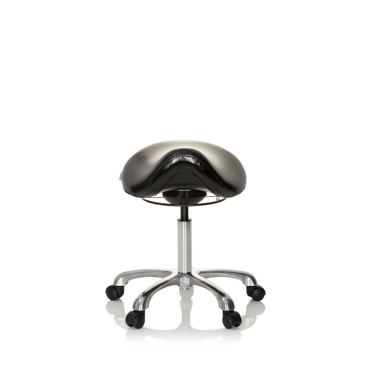 Taburete de silla de montar ORTHO SIT negro con cruceta para pies y cinco ruedas de hjh OFFICE – vista de 360° (vista frontal 0°)