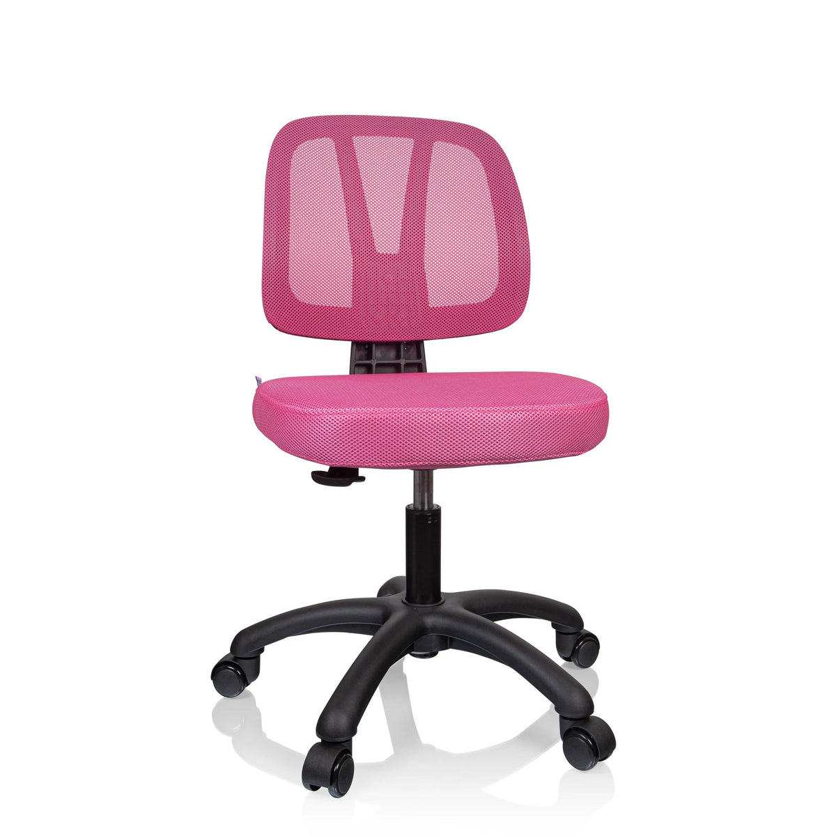 Silla giratoria para niños KID YU 200 rosa con respaldo de malla y base negra de cinco ruedas de hjh OFFICE – vista de 360° (vista frontal 15°)
