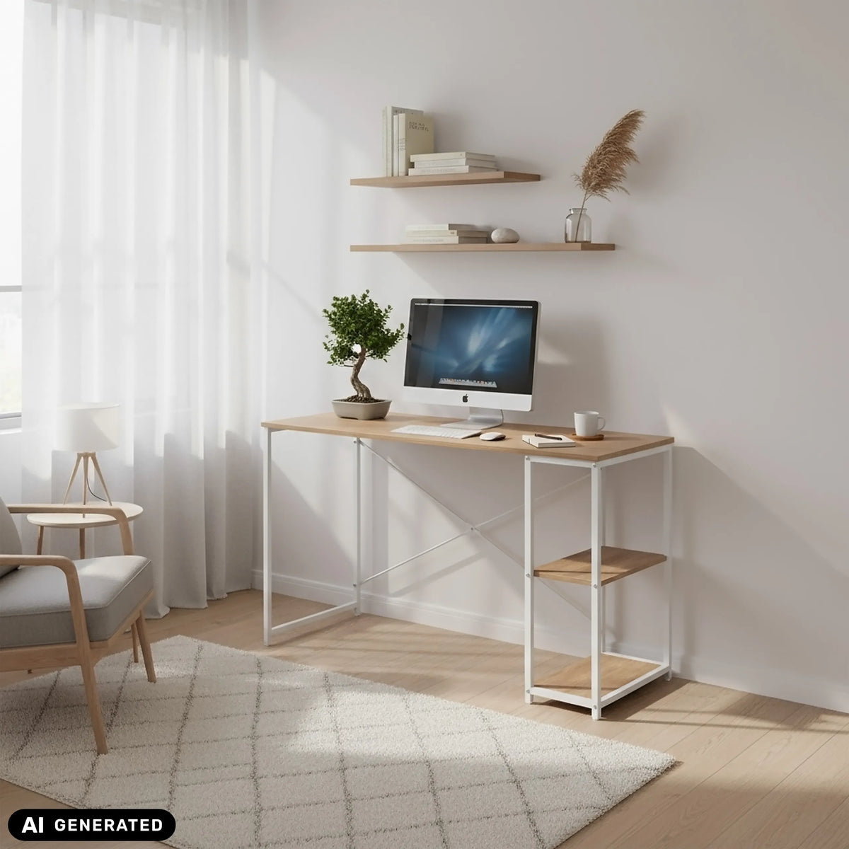 Escritorio Easy Up2 en blanco y roble con estante integrado de hjh LIVING (imagen generada por IA)