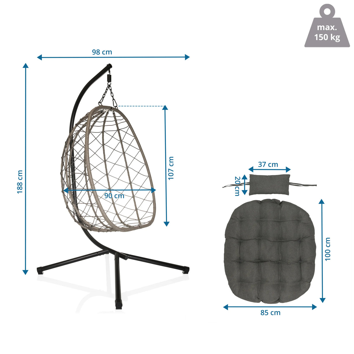 Plano dimensional de la Silla colgante COCOVA con una altura de 188 cm y anchura de 98 cm de hjh LIVING