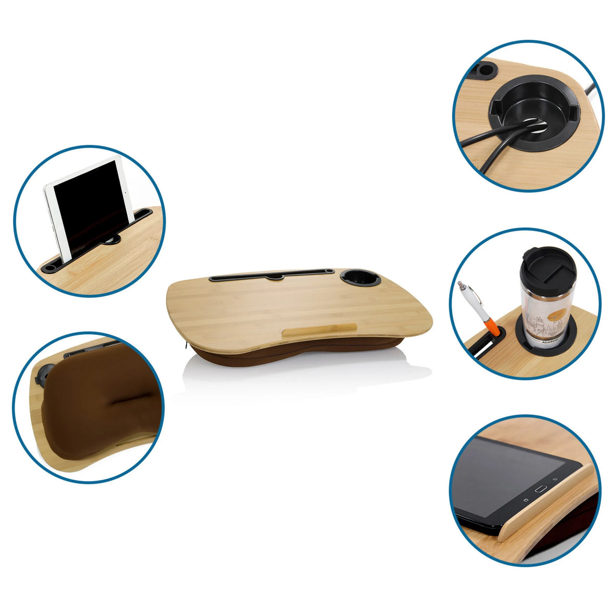 Soporte para portátil COMFILAP I de bambú con soporte para tablet, portavasos y portalápices de hjh OFFICE