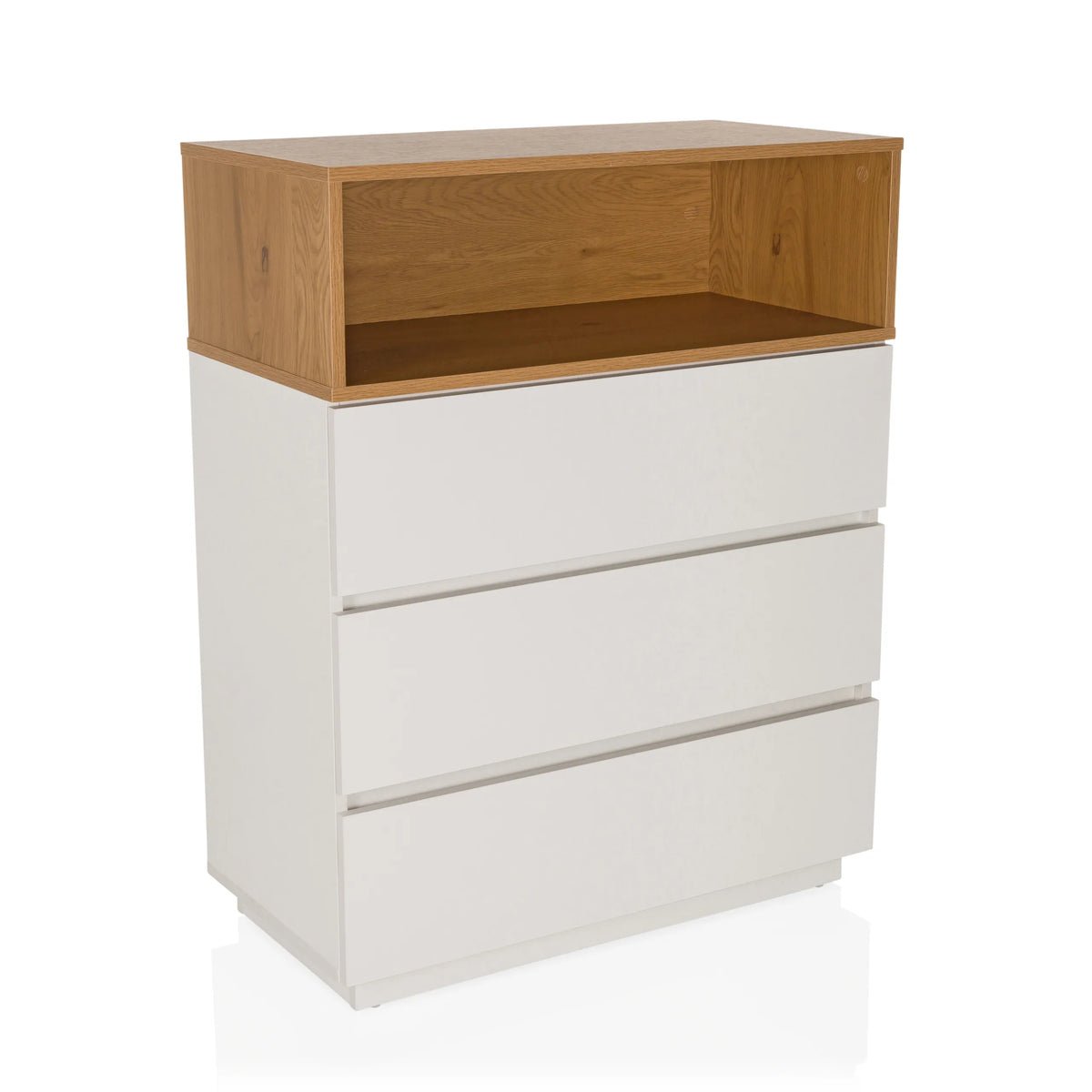 Cómoda blanca MELMO K con tres cajones y un estante abierto en efecto roble de hjh LIVING – vista de 360° (vista frontal en diagonal 30°)