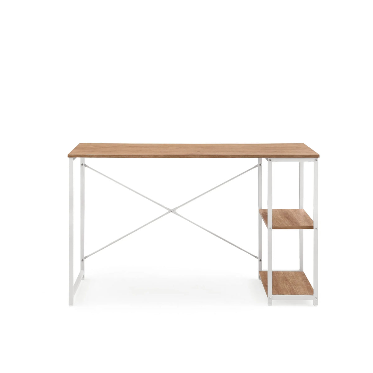 Escritorio Easy Up2 en blanco y roble con estante integrado y travesaño en X de hjh LIVING – vista de 360° (vista frontal 0°)