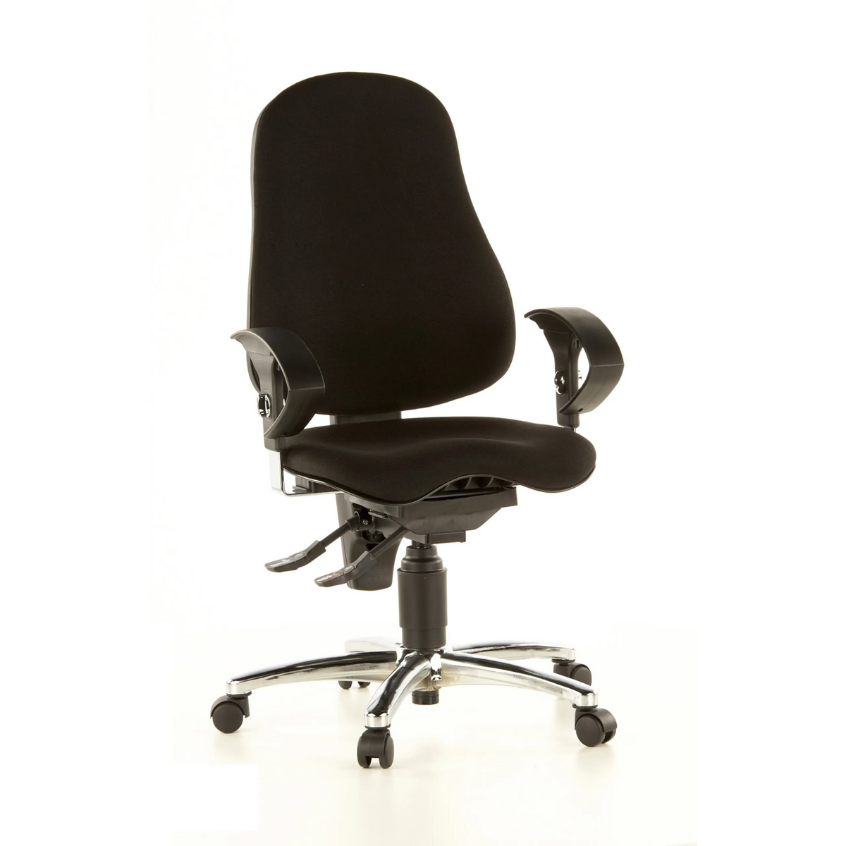 Silla de oficina profesional SITNESS 10 negra con reposabrazos y base de cinco ruedas de Topstar – vista de 360° (vista frontal 20°)