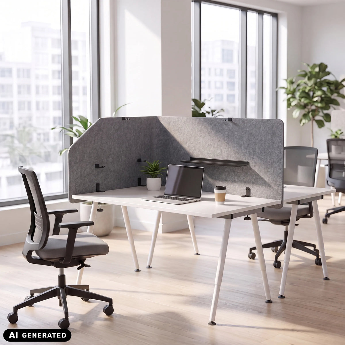 Separador de mesa gris FLEXMIUT T TOP de 160 cm de largo sobre un escritorio blanco de hjh OFFICE (imagen generada por IA)