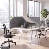 Separador de mesa gris FLEXMIUT T TOP de 160 cm de largo sobre un escritorio blanco de hjh OFFICE (imagen generada por IA)