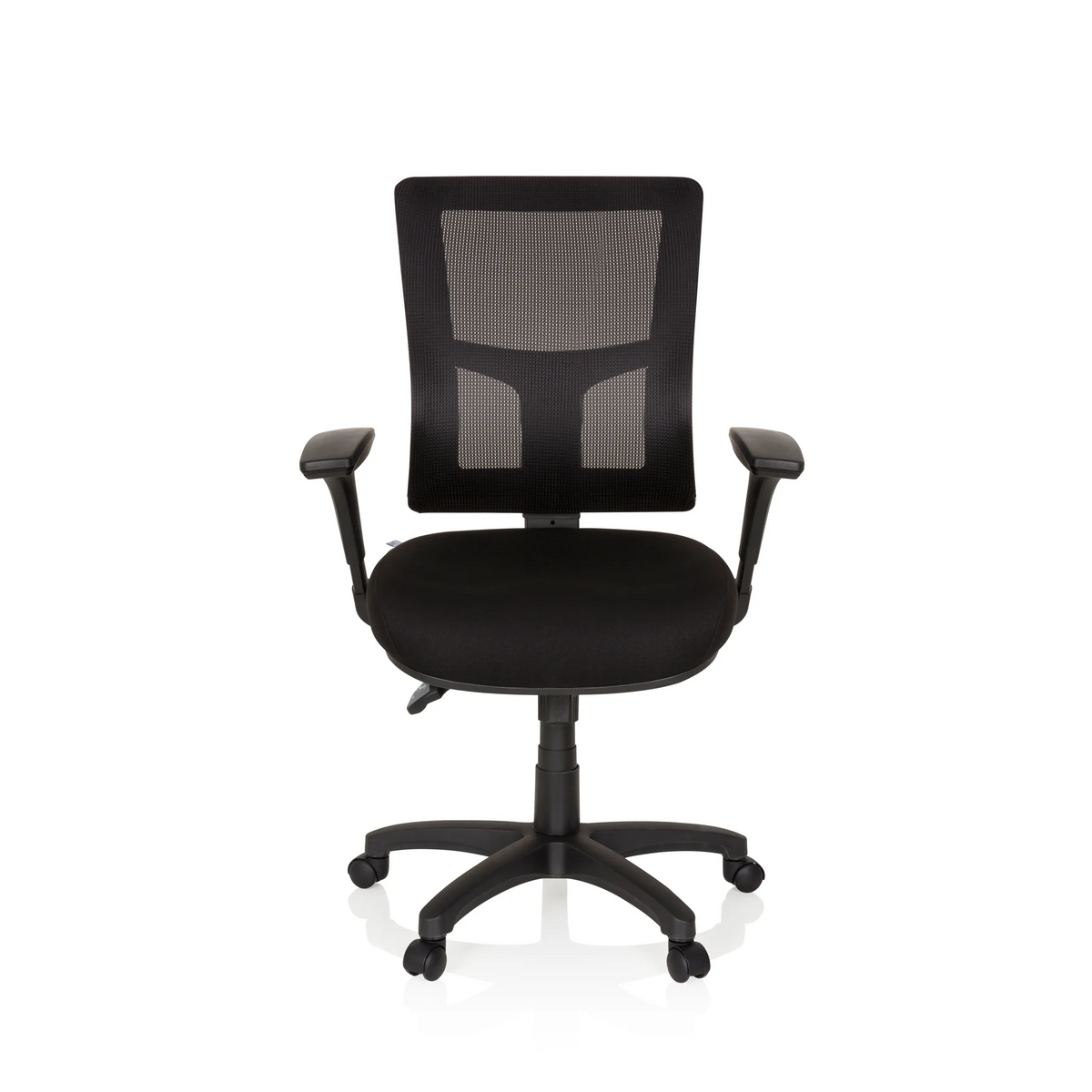 Sillón de oficina profesional IMPACT PRO negro con respaldo de malla y base de cinco ruedas de hjh OFFICE – vista de 360° (vista frontal 0°)