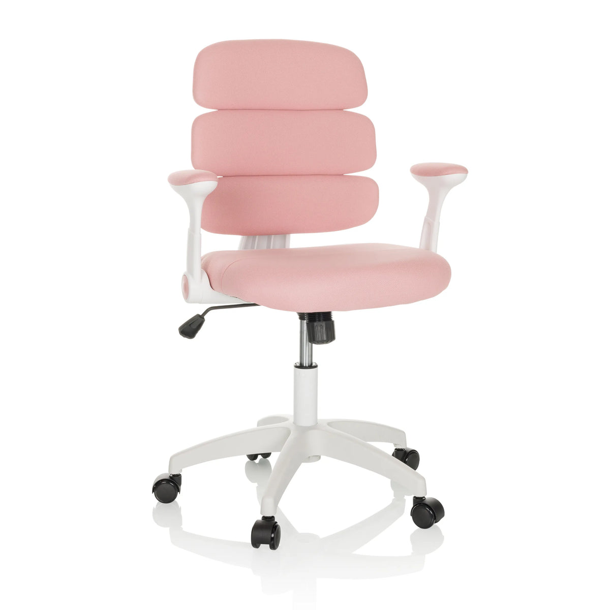 Silla giratoria para niños KID ERGOLINO W rosa con respaldo segmentado y base blanca de cinco ruedas de hjh OFFICE – vista de 360° (vista frontal 15°)