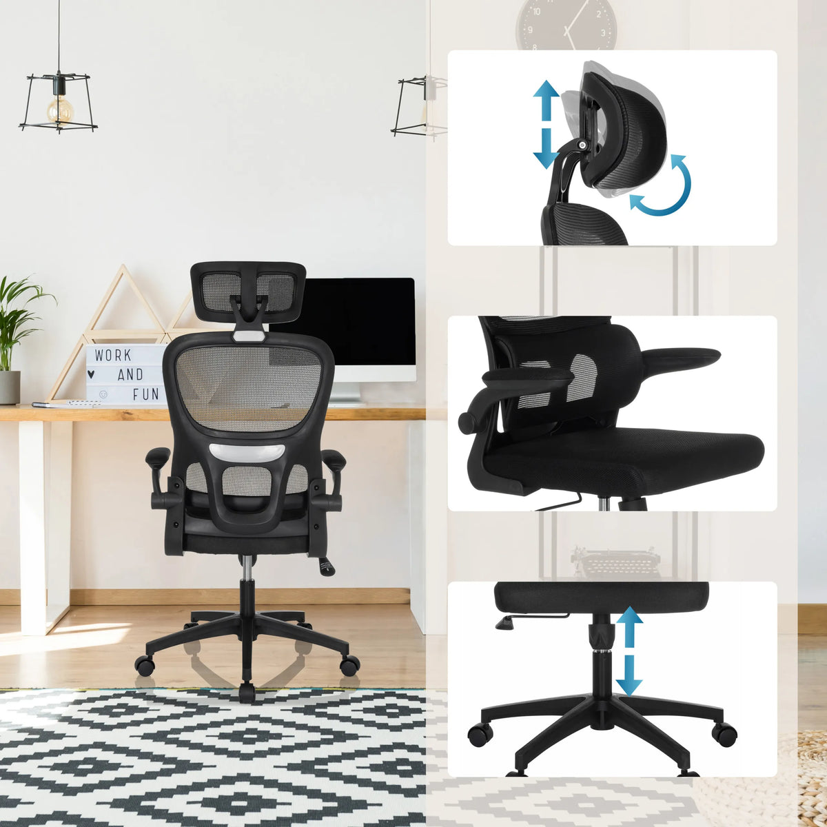 Silla Home Office ERGOMY FLEX en negro con reposacabezas ajustable, reposabrazos y pistón de gas de MyBuero
