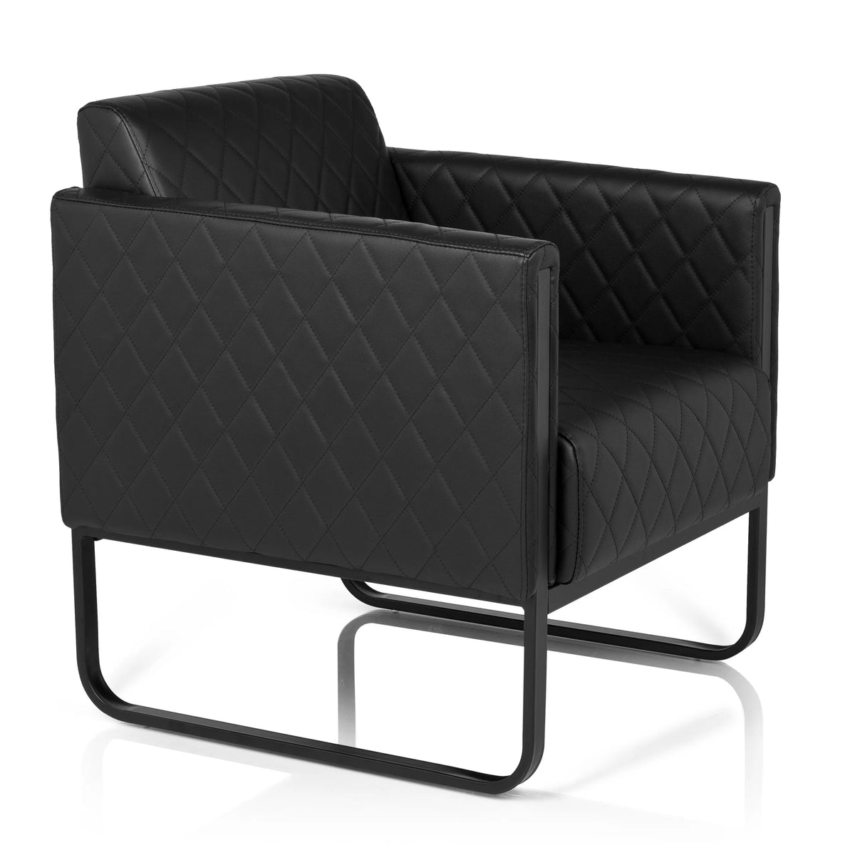 Sillón tapizada negro ARUBA BLACK con costuras de diamante y base de patín de hjh OFFICE – vista de 360° (vista frontal en diagonal 60°)