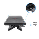 Reposapiés regulable en altura PIEDINO STRIPE PRO en color negro con medidas de 9,5 cm, 13,0 cm y 16,5 cm de hjh OFFICE
