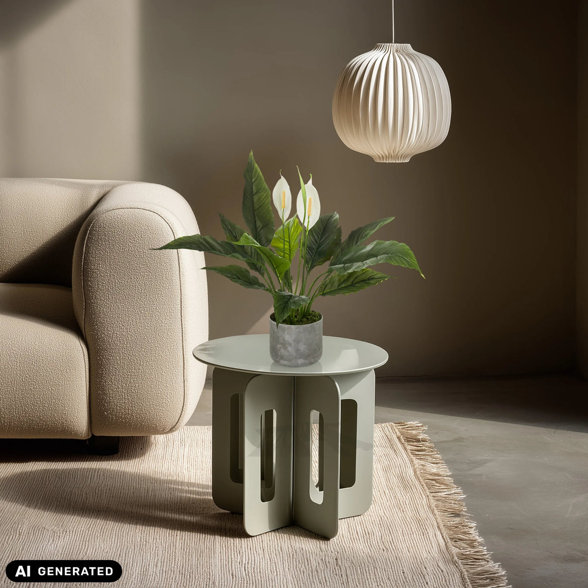 Planta artificial Spathiphyllum 1 en una maceta gris sobre una mesa auxiliar de hjh OFFICE (imagen generada por IA)
