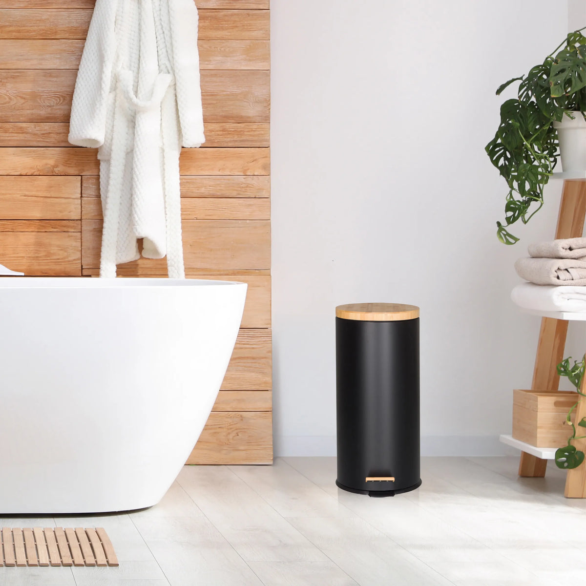 Papelera CLEAN BAMBOO negro mate con tapa de madera y pedal de hjh OFFICE