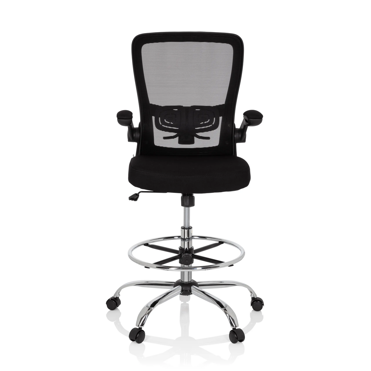 Silla de mostrador VENDO WORK negra con respaldo de malla, aro reposapiés y base de cinco ruedas de hjh OFFICE – vista de 360° (vista frontal 0°)