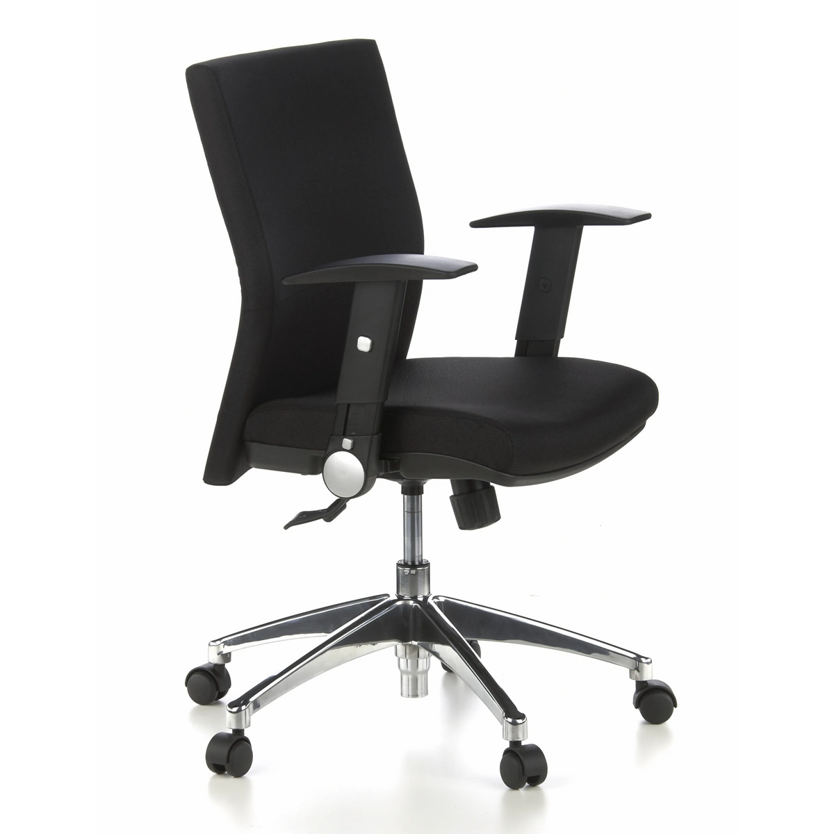 Silla de oficina profesional LAGUNA PRO negra con reposabrazos y base de cinco ruedas de hjh OFFICE – vista de 360° (vista frontal en diagonal 60°)