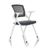 silla plegable PRIORITY II W gris con respaldo de malla, reposabrazos y ruedas de hjh OFFICE – vista de 360° (vista frontal en diagonal 45°)