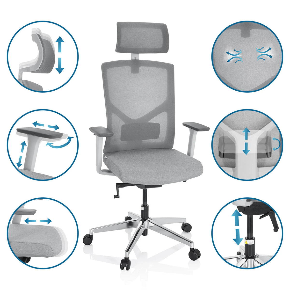Silla de oficina profesional BRETON PRO W en color gris con varias opciones de ajuste de hjh OFFICE