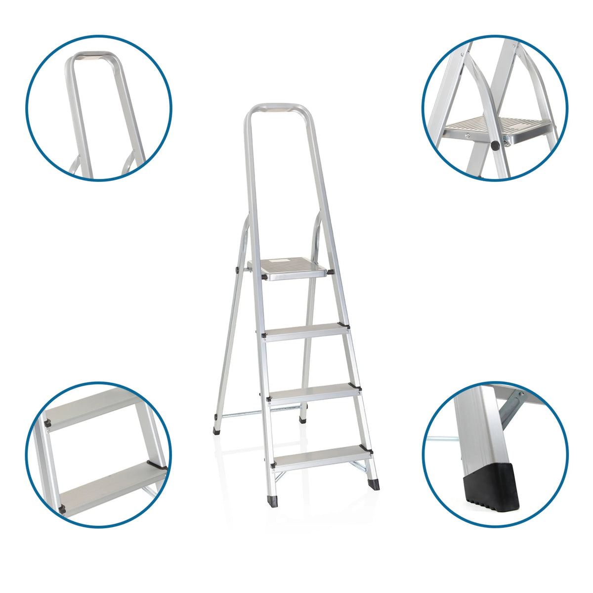 Escalera plegable de aluminio SOLID II con cuatro peldaños, pasamanos y pies antideslizantes de hjh OFFICE
