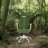 Silla de oficina profesional ERGO LINE W con tapizado de tela verde y base blanca frente a un fondo de bosque de hjh OFFICE