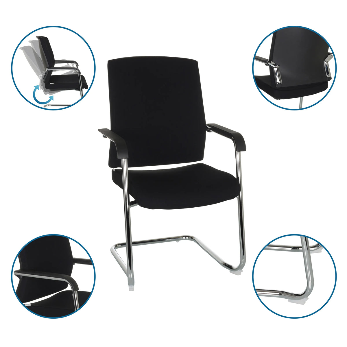 Silla de viga voladiza LEVIA VP negra con reposabrazos y estructura cromada, incluyendo vistas de detalle de hjh OFFICE