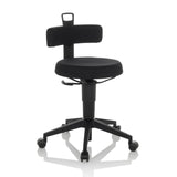 taburete giratorio negro TOP WORK FLEX con respaldo, asa y base de cinco ruedas de hjh OFFICE – vista de 360° (vista frontal en diagonal 30°)