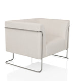 Sillón de diseño Curacao Cord blanco con tapicería acanalada y estructura cromada de hjh LIVING – vista de 360° (vista frontal en diagonal 45°)