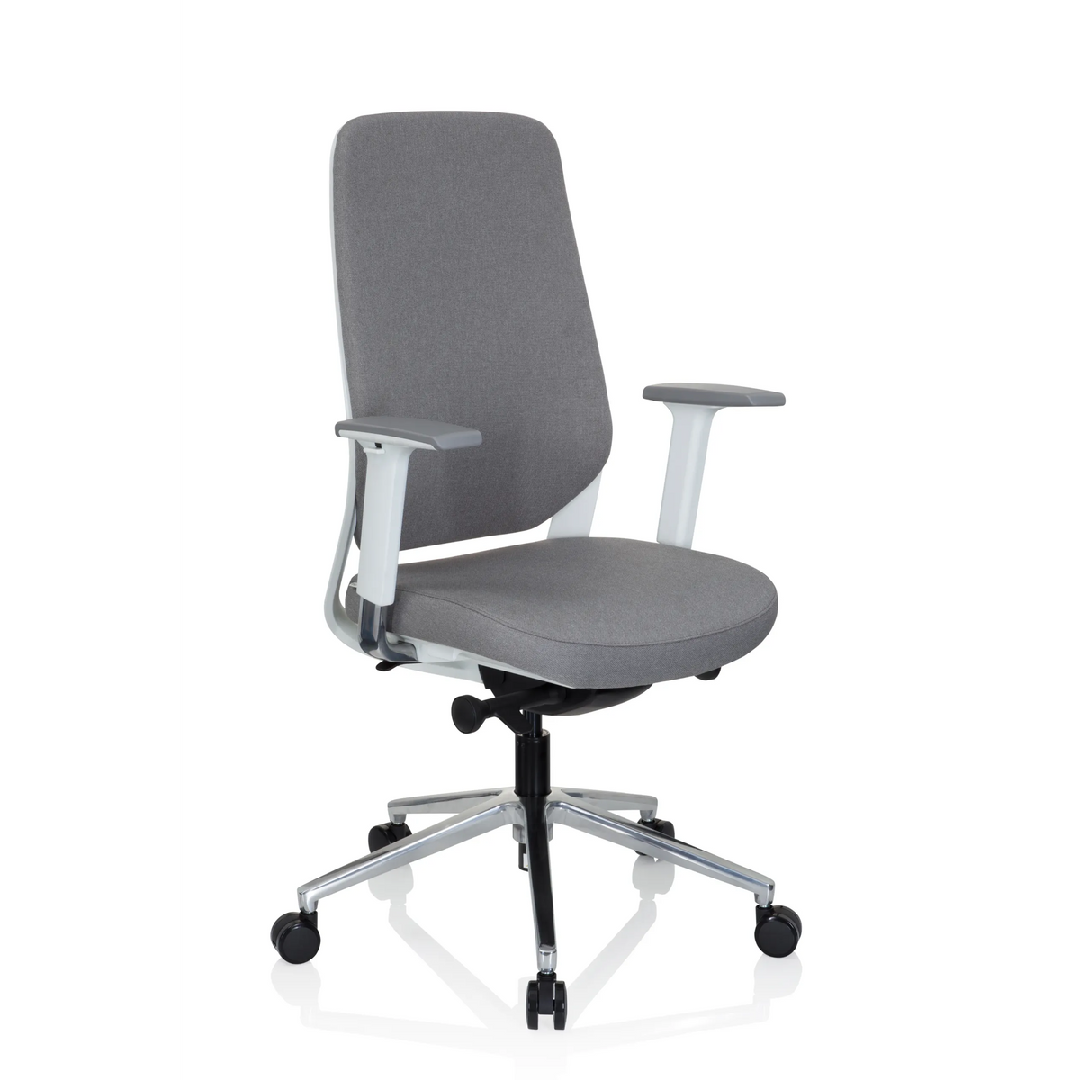 Silla de oficina profesional CHIARO T4 WHITE gris con reposabrazos y una base de cinco ruedas de hjh OFFICE – vista de 360° (vista frontal en diagonal 40°)