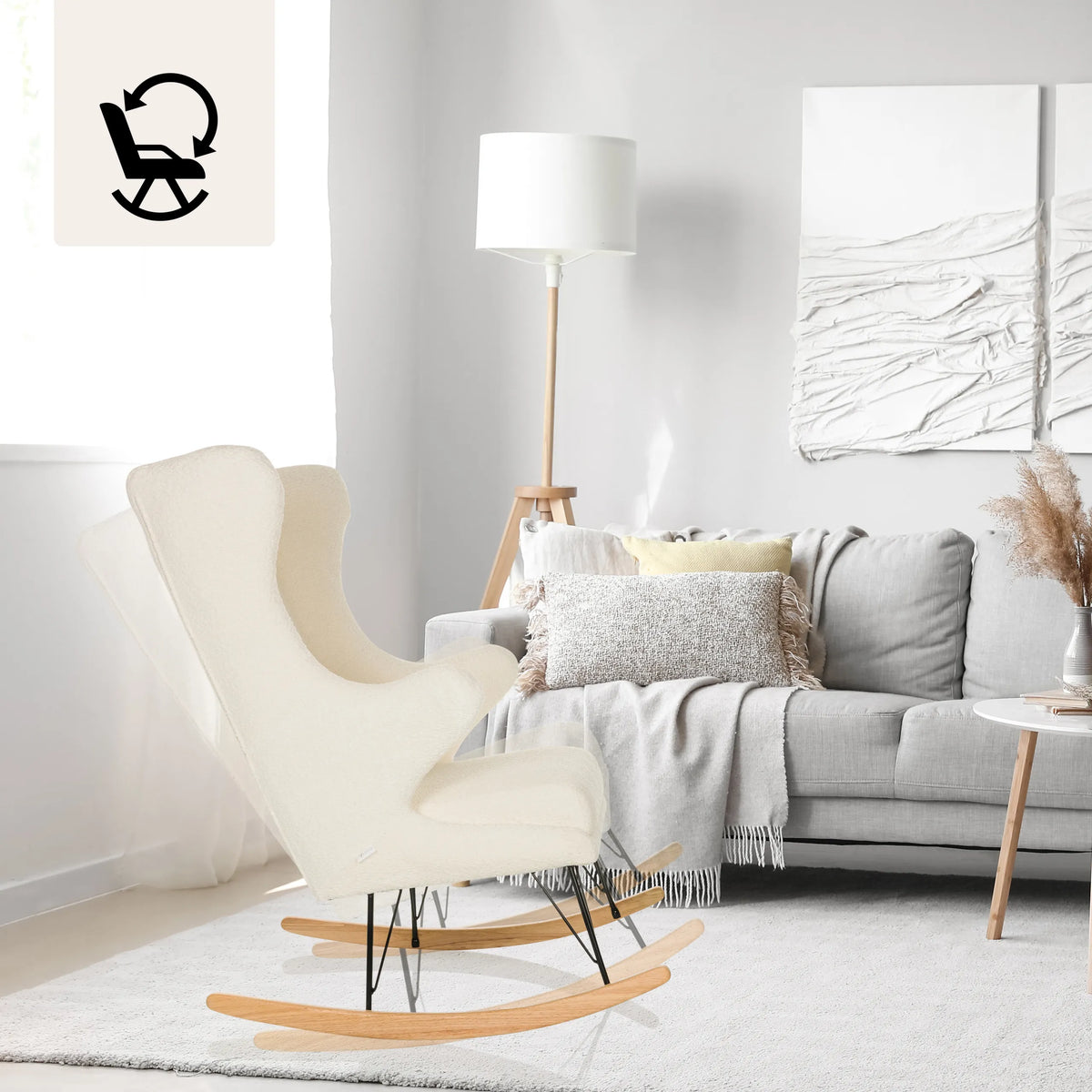 Sillón de diseño MAPOON blanco como mecedora con estructura de madera y patines de hjh LIVING