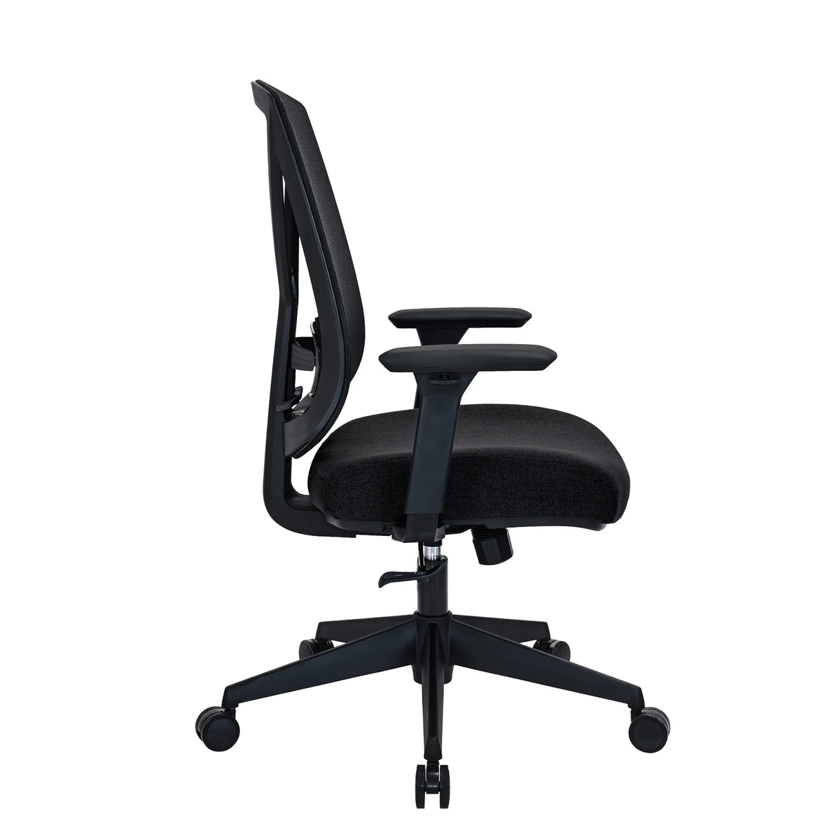 Vista lateral de la Silla de oficina profesional Mirou en negro con reposabrazos y base con ruedas de hjh OFFICE