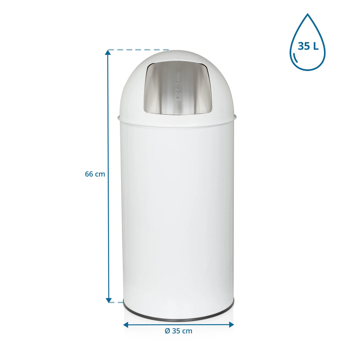 Vista de dimensiones de la Papelera PUSH 35L con una altura de 66 cm y un diámetro de 35 cm de hjh OFFICE