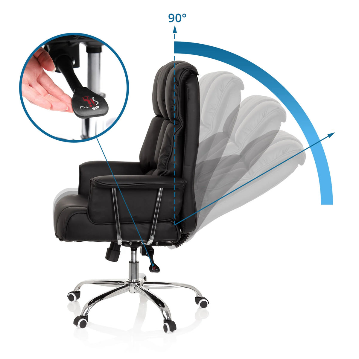Respaldo ajustable del sillón de oficina profesional COMMANDER con ángulo de inclinación de hasta 90° y palanca de mando de hjh OFFICE