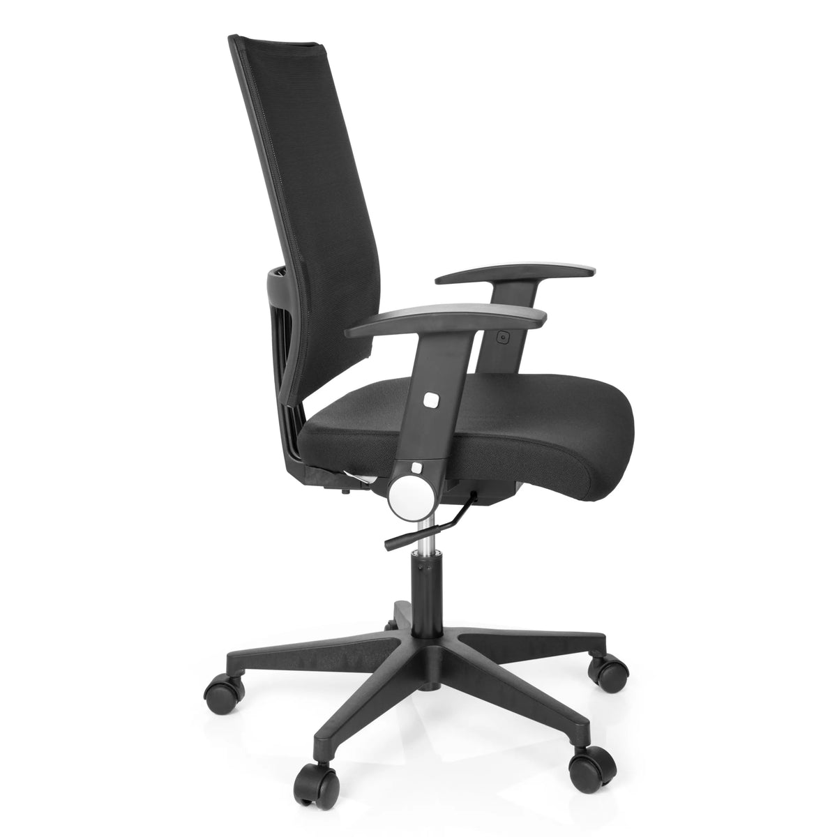 Silla Home OFFICE R8 negra con respaldo de malla y base de cinco ruedas de hjh OFFICE – vista de 360° (vista lateral 80°)